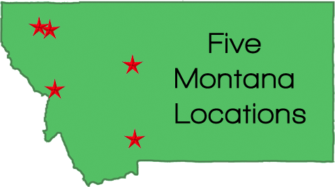Map of State of Montana marked with Access Fitness locations in Missoula, Bozeman, Great Falls, Kalispell, and Evergreen.